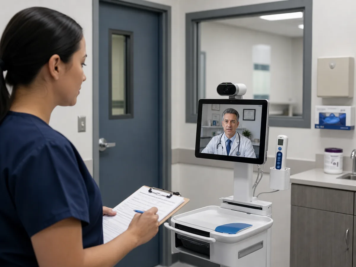 Telemedicine cart prepared in a secure correctional healthcare clinic room