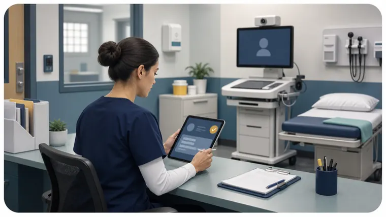 Nurse submitting a telemedicine appointment request on a tablet